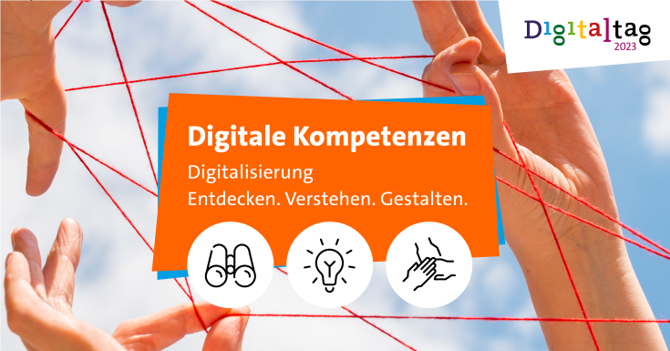 Logo des Digitaltags 2023 mit der Aufschrift "Digitale Kompetenzen. Digitalisierung Entdecken. Verstehen. Gestalten."
