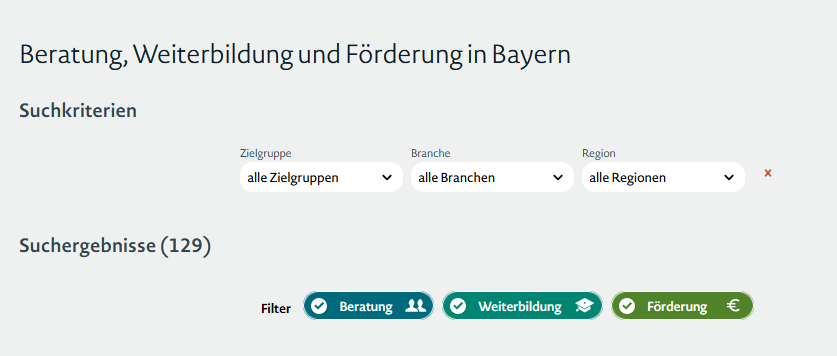 Screenshot des Lotsen mit dem Titel Beratung, Weiterbildung und Förderung in Bayern. 3 Auswahlfelder bei den Suchkriterien (Zielgruppe, Branche, Region) und 3 Auswahlfelder bei Suchergebnisse (Beratung, Weiterbildung, Förderung).